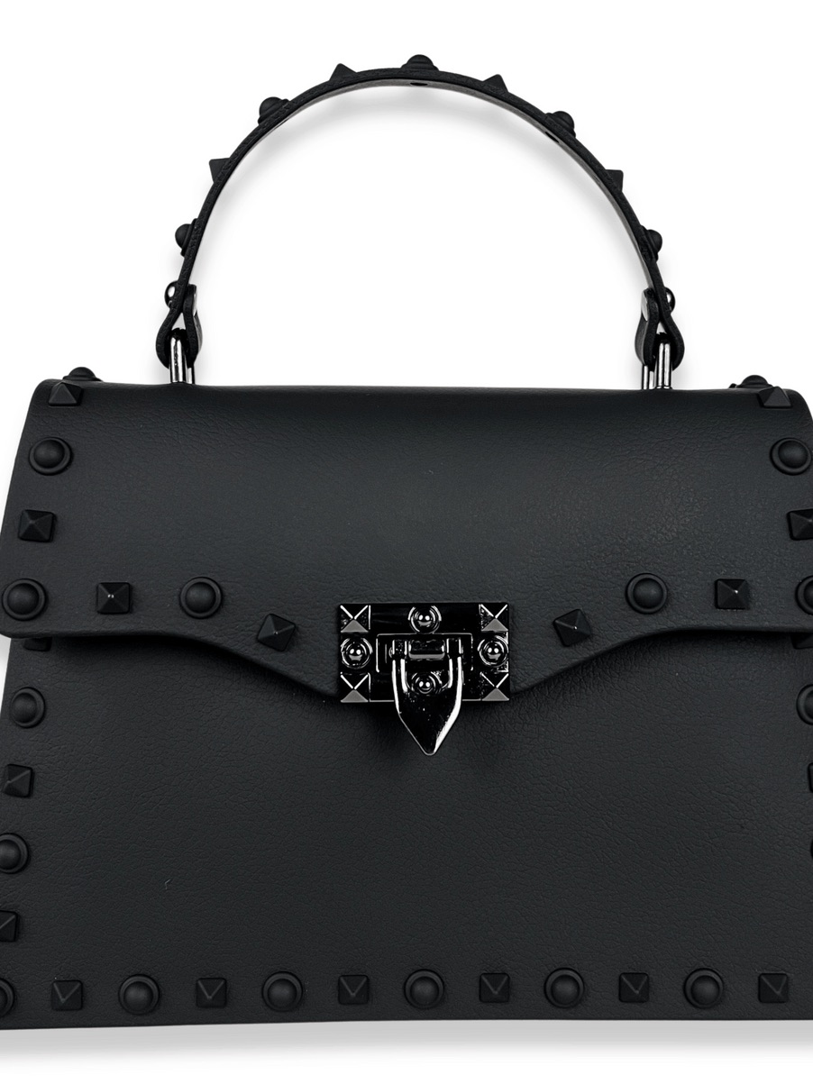Black Studded Satchel With Detachable Crossover Strap